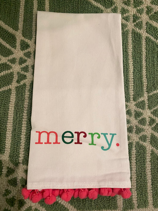 Merry pom pom hand towel pink and white